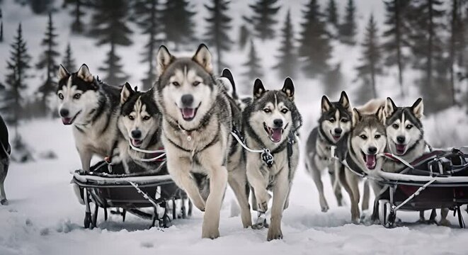 Huskies dogs pulling a sled in the snow.