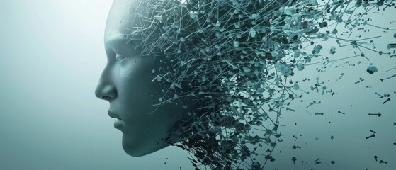 A sleek 3D human head with disconnected and reconnecting lines, depicting the disrupted thought processes and emotional disconnections in depression - obrazy, fototapety, plakaty