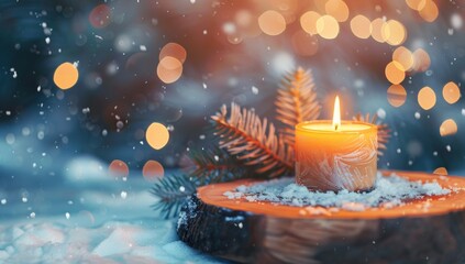 Glowing Candle on Snowy Pine Needles, Festive Evening Bokeh, Copy Space