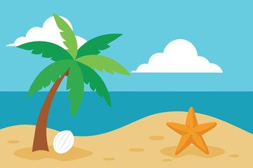 Fototapeta na wymiar Summer Scenery in Beach With Star Fish and Coconut Leaves