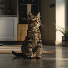 Realistic cat portrait in modern kitchen, domestic shorthair begging for sausage