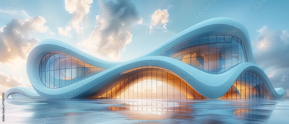 Fototapete Skyscraper of office building with curve glass window depicted from low angle, 3D rendering.