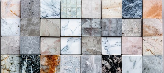 light grey tile wall background with different color and size of marble tiles. Abstract background with gray and white marble tiles, seamless texture for interior design or decoration.