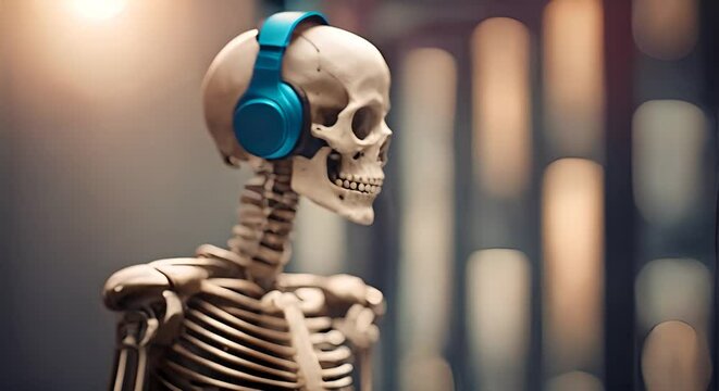 Skeleton with music headphones.
