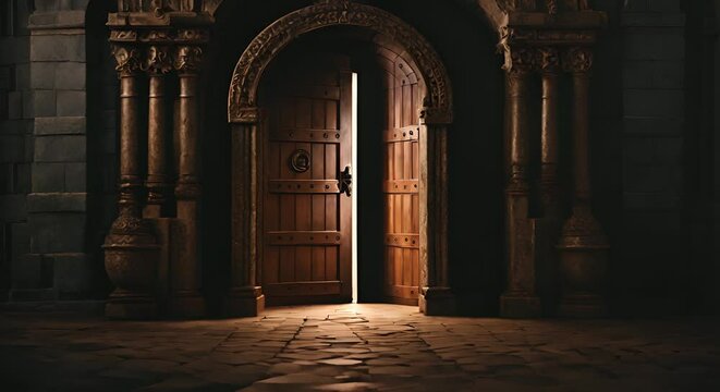Half-open door of a castle.