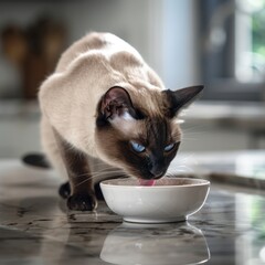 Elegant siamese cat lapping water on kitchen countertop in high-resolution pet photography