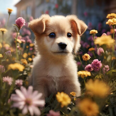 犬,花畑,かわいい,子犬