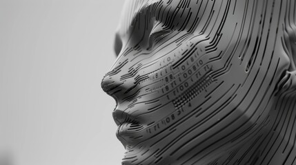 Futuristic robot face created from lines of binary code, appearing to float on a minimal, uncluttered backdrop - obrazy, fototapety, plakaty