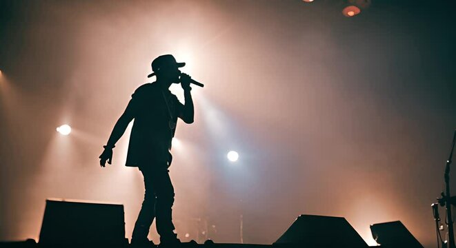 Rapper singing on stage at a concert.