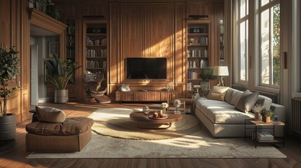 Generate an image portraying an apartment with subtle American influences