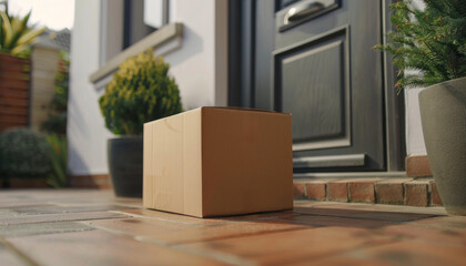 A brown cardboard box is sitting on a stone ledge outside a house by AI generated image