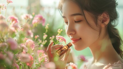 Attractive young asian freckles woman sniffs bouquet of wildflowers - obrazy, fototapety, plakaty