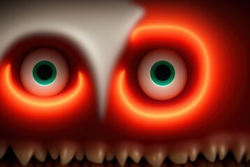 Scary huge eyes with neon light and a line of teeth. Cartoon monster eyes with a red neon stripe.