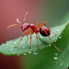 Ein Makro zeigt eine Ameise auf einem Blatt, umgeben von glitzernden Wassertropfen. Die winzige Kreatur wird von den klaren Tropfen umgeben, die eine faszinierende Szene der Natur darstellen. - obrazy, fototapety, plakaty