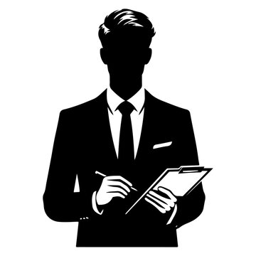 businessman in black suit holding the task list and taking notes vector black color silhouette 6