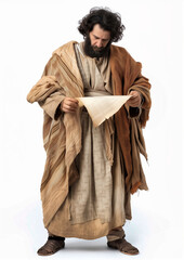 A Jewish man in traditional dress reading the holy scriptures in an ancient manuscript