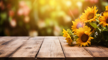 A clear glass bottle of golden sunflower oil and scattered seeds, with vibrant sunflowers in the background, captures the essence of summer on a wooden tabletop. - obrazy, fototapety, plakaty