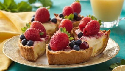 Fresh fruit tartlets with custard filling, adorned with raspberries and blueberries on an ornate plate, ideal for dessert menus - obrazy, fototapety, plakaty