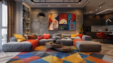 Illustrate a modern and colorful apartment interior - obrazy, fototapety, plakaty
