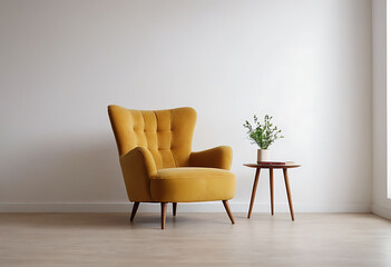 The interior has a armchair on empty white wall background.