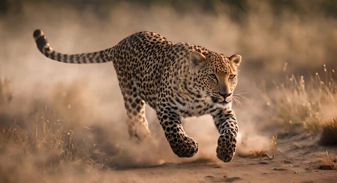 Leopard running in the savanna.