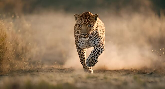 Leopard running in the savanna.