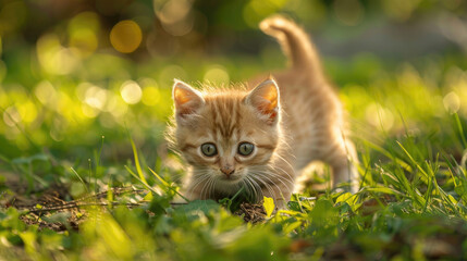 Naklejka na ściany i meble Kitten playing on the grass