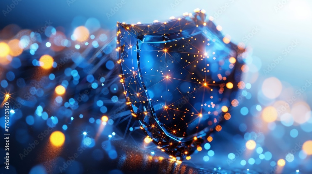 Poster A low poly wireframe shield. Concept of Data Protection Design. Digital shield. Polygonal abstract isolated on blue background. Particles are connected in a geometric silhouette.