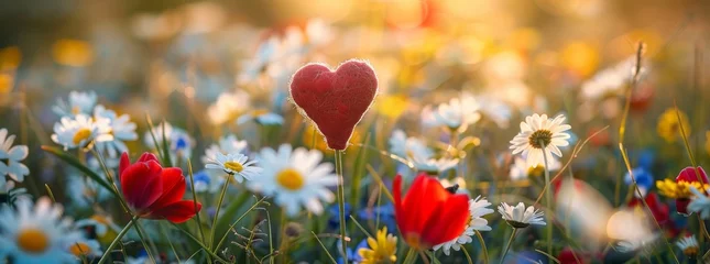 Zelfklevend Fotobehang spring meadow with colorful wild flowers, including red heart-shaped tulips and white daisies © Sabina Gahramanova
