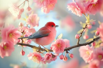 Vibrant Colorful bird on branch with pink flowers. Multicolored creature in blooming spring forest. Generate ai