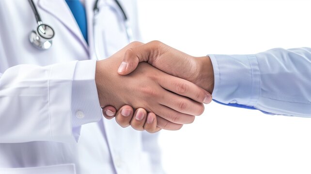 Businessmen and doctor handshaking. Deal with a project. White background.	
