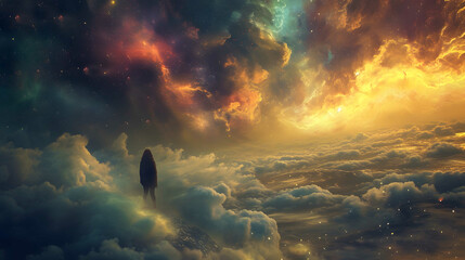 A scene with a person walking on a path that seems to float in the sky, blending landscape with dreamlike surrealism