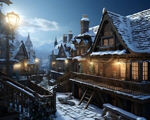 Snowy village at night. 3d rendering. High quality photo
