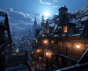 Panoramic view of old european city at night.