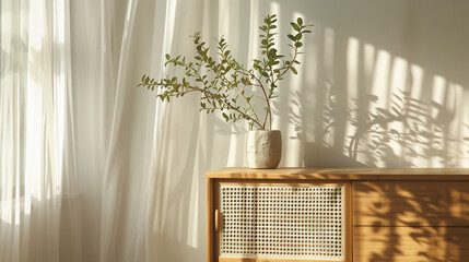 Sunlit Modern Interior with Plant and Wooden Sideboard