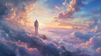 Young woman standing on the edge of a cliff and looking at the moon, woman standing on top of a mountain looking at a distant futuristic planet in the sky, digital art style, AI Generated