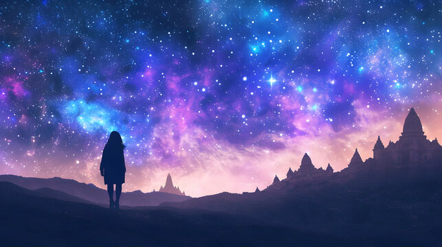 Silhouette of woman is taking the milky way photo on top of mountain before sunrise.