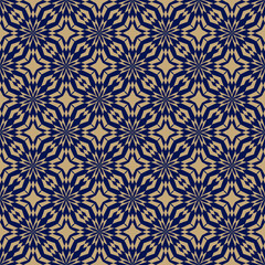 Abstract golden geometric seamless pattern. Vector gold and dark blue background. Luxury geo ornament with floral silhouettes. Texture with diamonds, stars, mosaic grid, tiles. Repeatable design