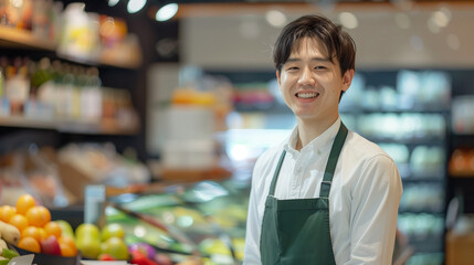 スーパーマーケットの生鮮食品売り場で微笑む店員の男性