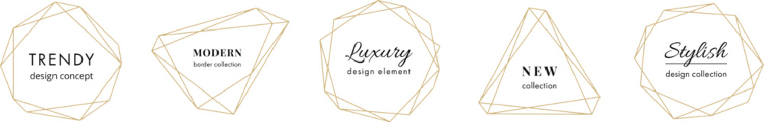 Vector set of modern minimal golden labels. Luxury frames with copy space for text. Simple abstract minimalist badges. Stylish linear diamond shape borders. Trendy geometric graphic design elements - 776014345