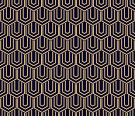Vector golden geometric seamless pattern with hexagons, lines. Gold and black abstract minimal background with hexagonal grid. Simple luxury texture. Repeated geo design for decor, print, package - 776014399