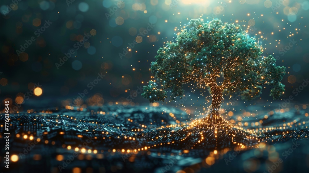 Fototapete Embedded binary code on a digital tree, in an opulent futuristic style. Poster for a technology course for teenagers. Modern illustration.