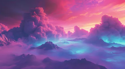 Foto op Canvas A surreal 3D render of an alien landscape, where neon clouds cast ethereal shadows on a vibrant, ever-changing sky © peyton