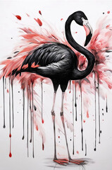The black flamingo. White background with feathers and paints. AI
