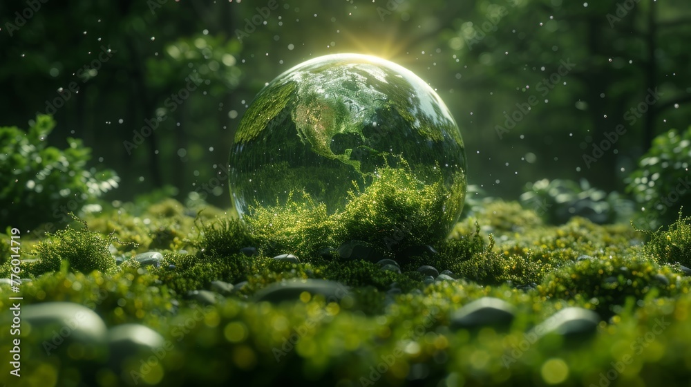 Poster Concept of the environment, a glass globe in a grassy field