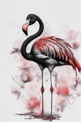 The black flamingo. White background with feathers and paints. AI