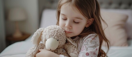 Girl holding a teddy bear - obrazy, fototapety, plakaty