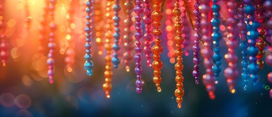 Mardi Gras Beads Adorning a Tree Branch in Vibrant Festive Display. Concept Festive Decor, Mardi...