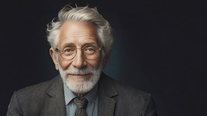 Old man gray hair glasses beard suit tie, wrinkles smile friendly portrait copy space