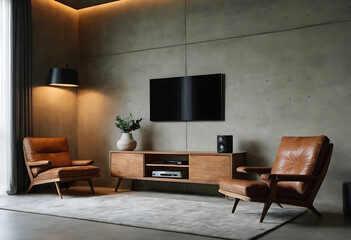 Mockup a TV wall mounted with leather armchair in pastel tone peach fuzz color wall